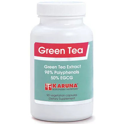 Supplement bottle labeled 'Green Tea Extract' by Karuna on a white background