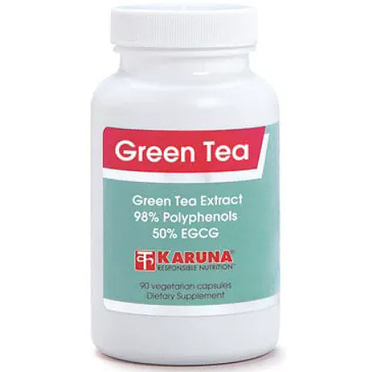 Supplement bottle labeled 'Green Tea Extract' by Karuna on a white background