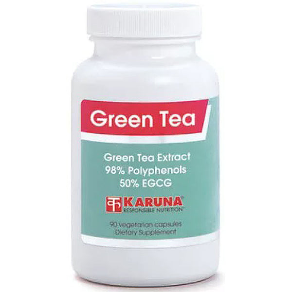 Supplement bottle labeled 'Green Tea Extract' by Karuna on a white background