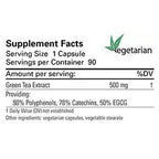 Supplement label with green tea extract information on a white background