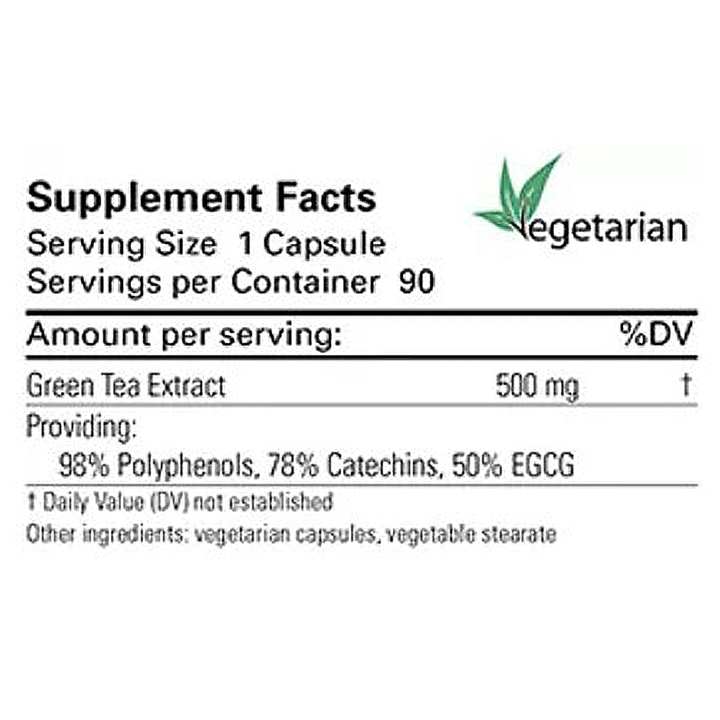 Supplement label with green tea extract information on a white background