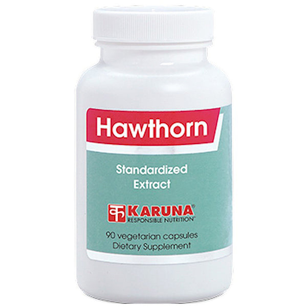 Supplement bottle labeled 'Hawthorn' by Karuna on a white background