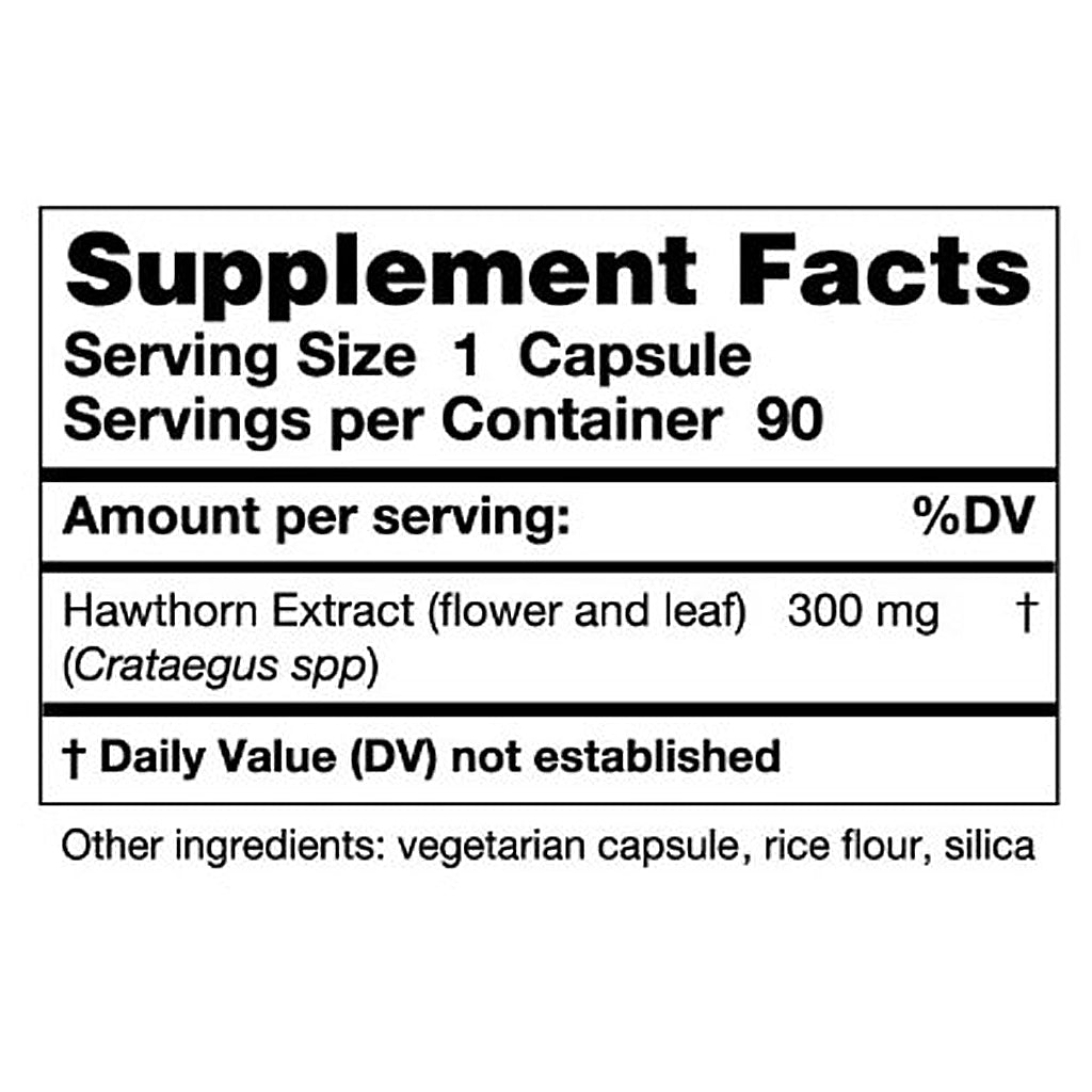 Supplement facts label with hawthorn extract information on a white background