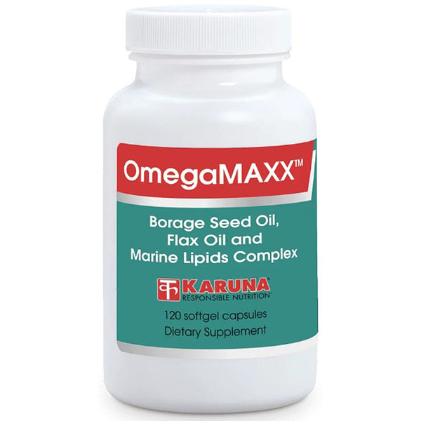 OmegaMAX dietary supplement bottle with Karuna label on a white background