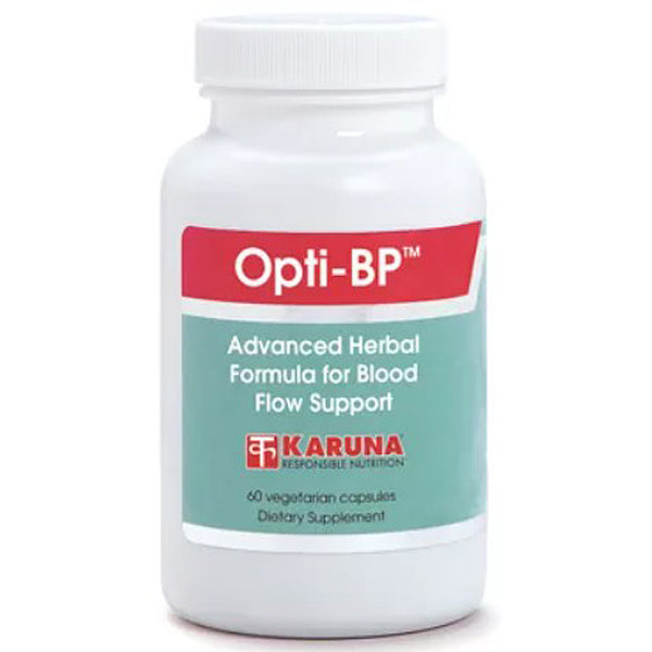 Supplement bottle labeled 'Opti-BP' with 'Karuna' branding on a white background