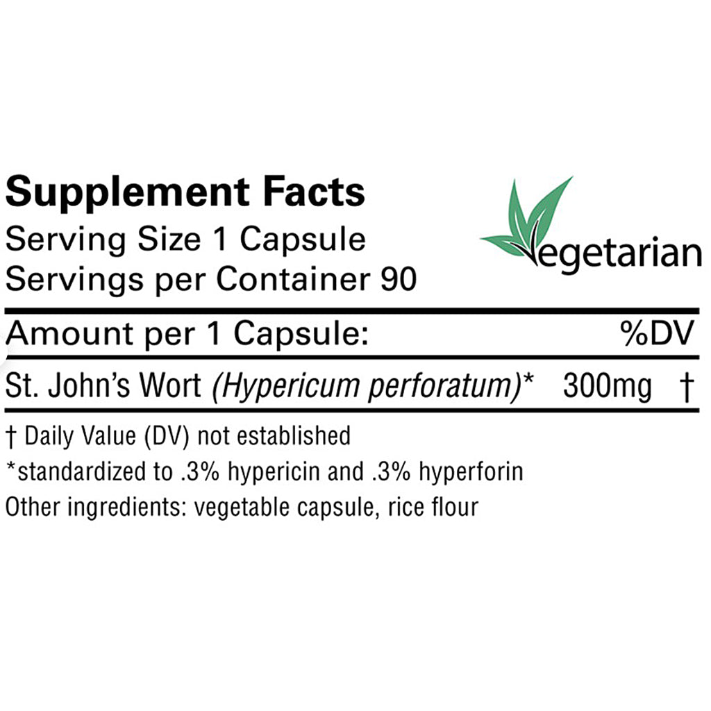 Supplement facts label for a capsule containing St. John's Wort with a vegetarian symbol.