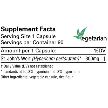Supplement facts label for a capsule containing St. John's Wort with a vegetarian symbol.