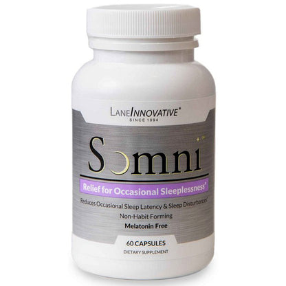 Supplement bottle labeled 'Somni' by Lane Innovative on a white background