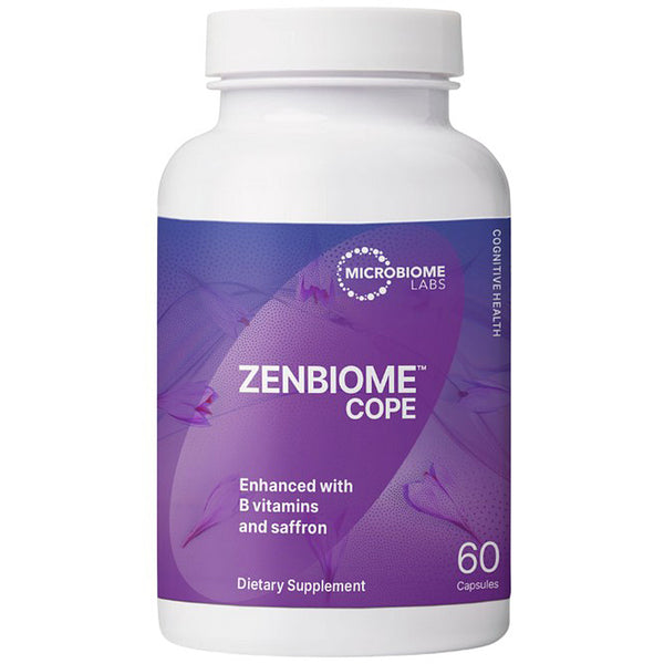 A white plastic bottle of Microbiome Labs Zenbiome Cope dietary supplement with a purple label, containing 60 capsules.
