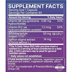 A close-up of a supplement facts label with a purple background and white text, showing supplement claims and ingredients for PrecisionBiotics.