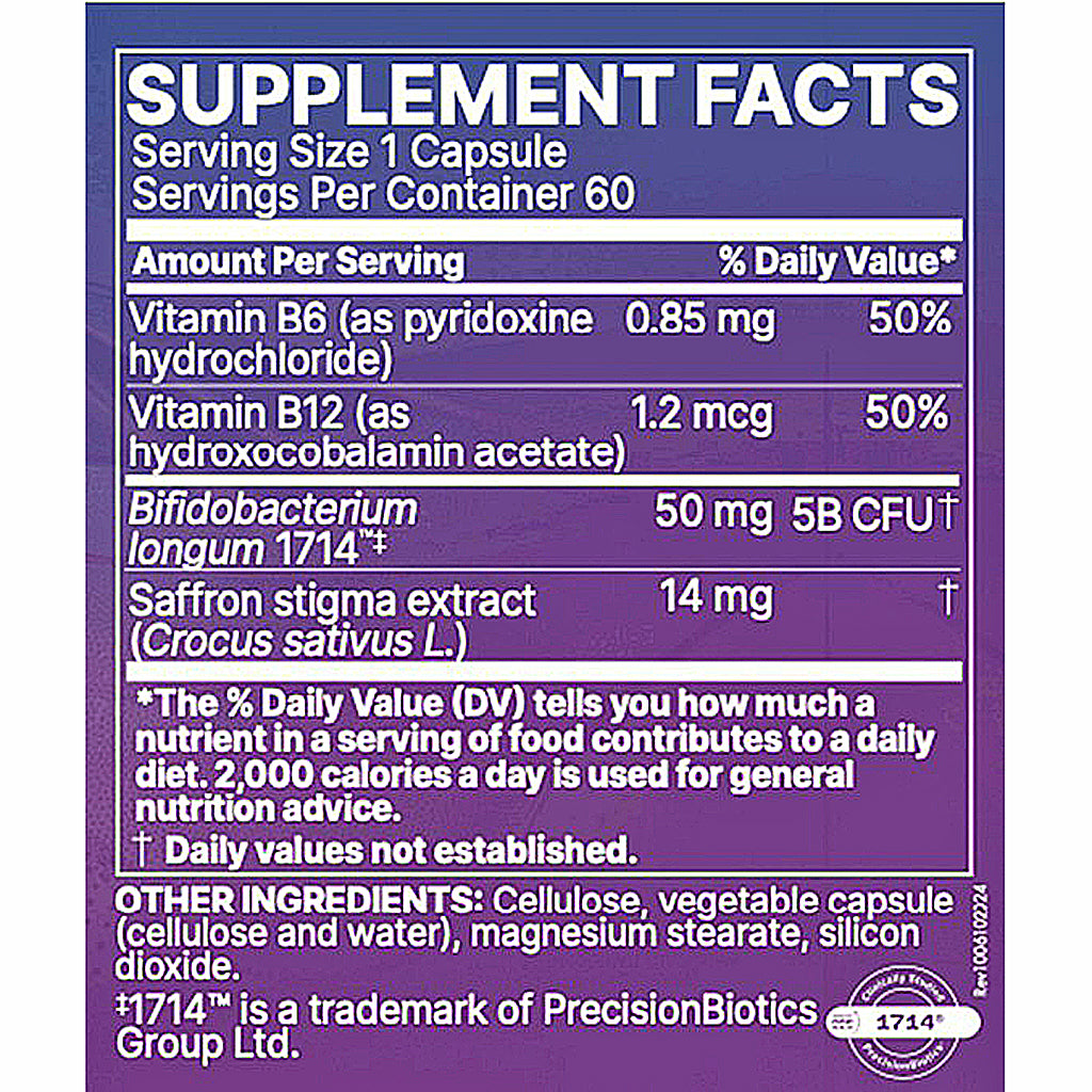 A close-up of a supplement facts label with a purple background and white text, showing supplement claims and ingredients for PrecisionBiotics.