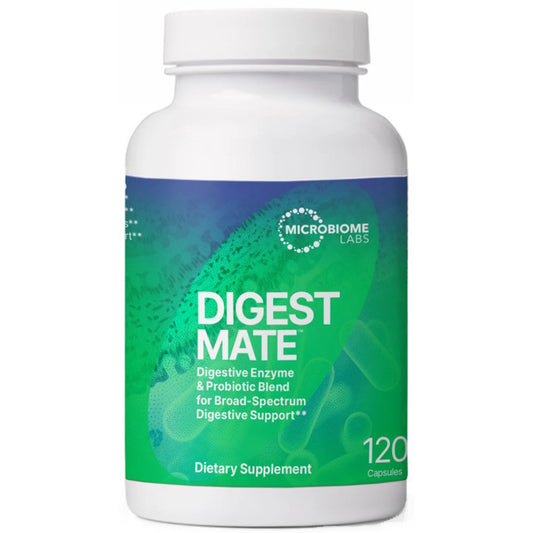 A white plastic bottle of Microbiome Labs Digest Mate dietary supplement, featuring a green and blue label with white text.