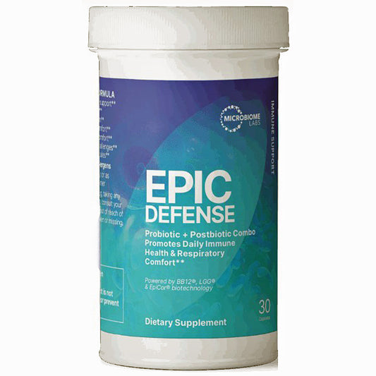A white plastic bottle of Epic Defense Probiotic + Postbiotic combo dietary supplement with a blue and teal label, on a white background.