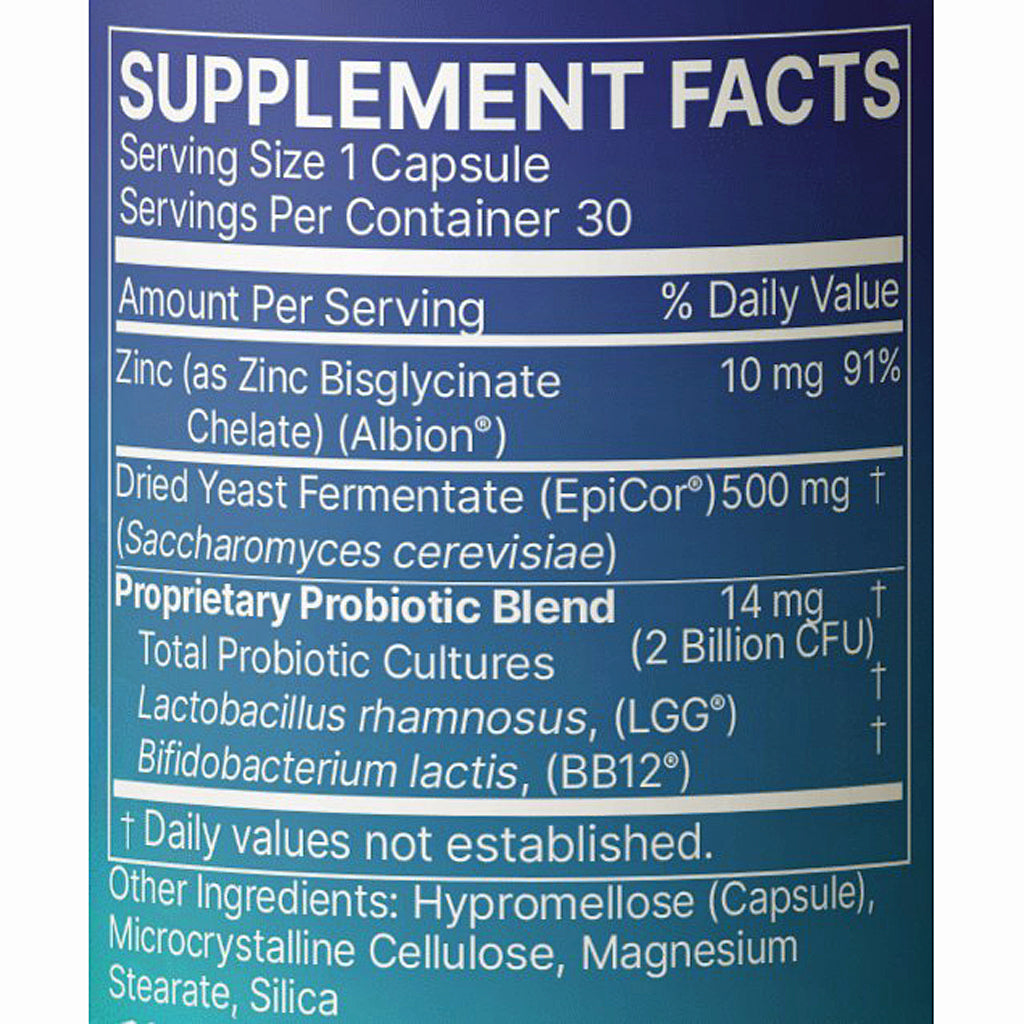 Close-up of a supplement facts label on a blue bottle, showing text for a proprietary probiotic blend with zinc and dried yeast fermentate details.