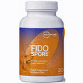 A white plastic bottle of Microbiome Labs Fido SPORE health supplement for dogs and cats, featuring a blue and orange label with a dog's face graphic.