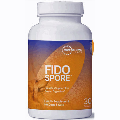 A white plastic bottle of Microbiome Labs Fido SPORE health supplement for dogs and cats, featuring a blue and orange label with a dog's face graphic.