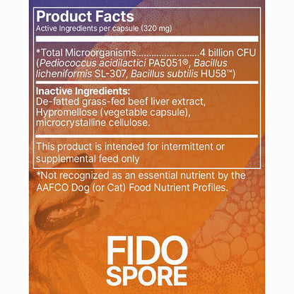 Product Facts label for FIDO SPORE, showing orange and brown textured background with white text detailing active ingredients and inactive ingredients.
