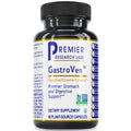 A black plastic bottle of Premier Research Labs GastroVen dietary supplement with a white label, blue and yellow text, and a black ribbed cap, shown on a white background.
