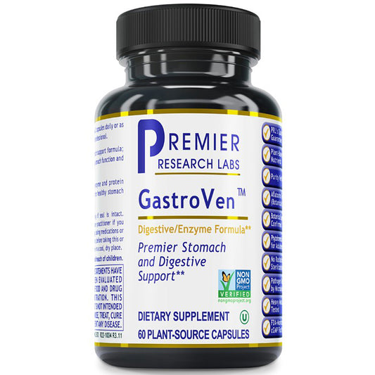 A black plastic bottle of Premier Research Labs GastroVen dietary supplement with a white label, blue and yellow text, and a black ribbed cap, shown on a white background.