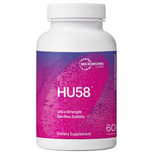 A white plastic bottle of Microbiome Labs HU58 Ultra Strength Bacillus Subtilis dietary supplement, featuring a purple and pink label with white text.