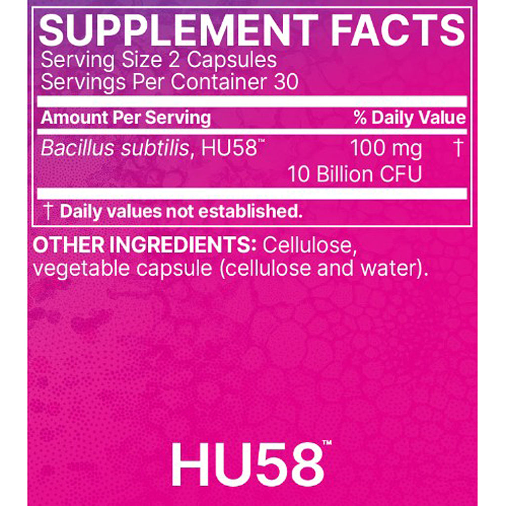 A close-up of a supplement facts label with a bright pink background and white text. The label shows 'SUPPLEMENT FACTS' at the top, a serving size of 2 capsules, and Bacillus subtilis, HU58 at 100 mg (10 Billion CFU).