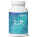 A white plastic bottle of Microbiome Labs Mega IgG2000 dietary supplement with a blue and teal label, shown on a white background.