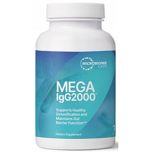 A white plastic bottle of Microbiome Labs Mega IgG2000 dietary supplement with a blue and teal label, shown on a white background.