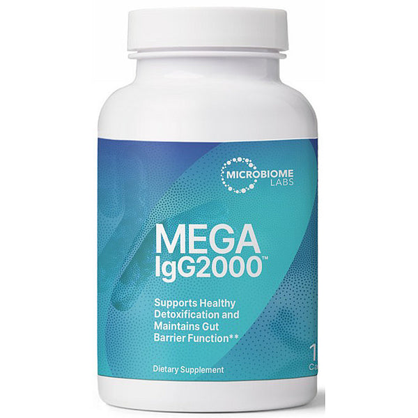 A white plastic bottle of Microbiome Labs Mega IgG2000 dietary supplement with a blue and teal label, shown on a white background.