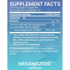 A blue and cyan supplement facts label for MEGAlgG2000 capsules, showing serving size 4 capsules, protein content, and other ingredients text.