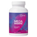 A white plastic bottle of Microbiome Labs Mega Marine Gut-Specific Fish Oil dietary supplement, featuring a vibrant purple and magenta label on a plain white background.