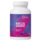 A white plastic bottle of Microbiome Labs Mega Marine Gut-Specific Fish Oil dietary supplement, featuring a vibrant purple and magenta label on a plain white background.