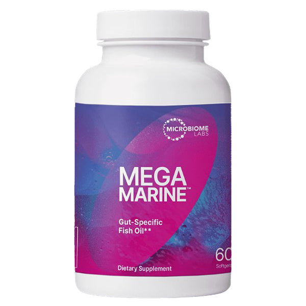 A white plastic bottle of Microbiome Labs Mega Marine Gut-Specific Fish Oil dietary supplement, featuring a vibrant purple and magenta label on a plain white background.
