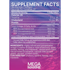 A close-up of a supplement facts label for Mega Marine softgels, showing a purple-to-pink gradient background with white text detailing serving size, calories, fat, cholesterol, protein, omega-3 fatty acids, DHA, EPA, and PRMs, plus ingredients and fish warning.