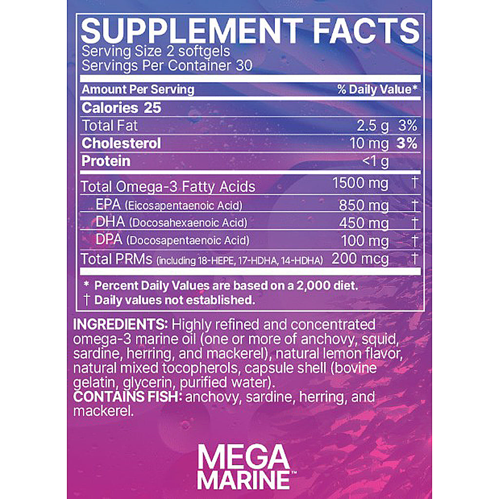 A close-up of a supplement facts label for Mega Marine softgels, showing a purple-to-pink gradient background with white text detailing serving size, calories, fat, cholesterol, protein, omega-3 fatty acids, DHA, EPA, and PRMs, plus ingredients and fish warning.