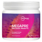 A white plastic jar of Microbiome Labs Megapre Precision Prebiotic, pineapple orange and guava flavored, with a purple and pink label.
