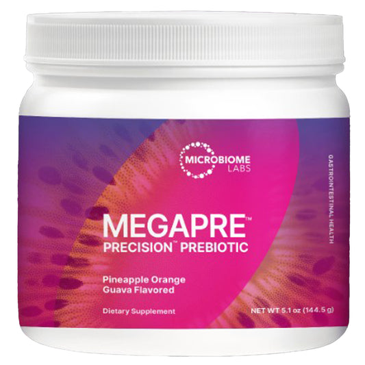A white plastic jar of Microbiome Labs Megapre Precision Prebiotic, pineapple orange and guava flavored, with a purple and pink label.