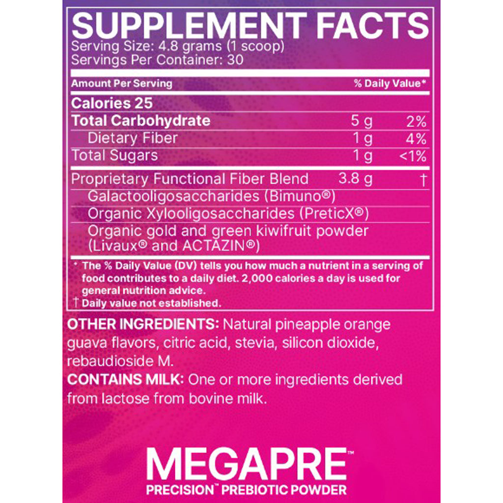 A pink and white Megapre Precisions Prebiotic Powder supplement facts label showing nutritional information and ingredients.