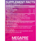 A pink and white Megapre Precisions Prebiotic Powder supplement facts label showing nutritional information and ingredients.