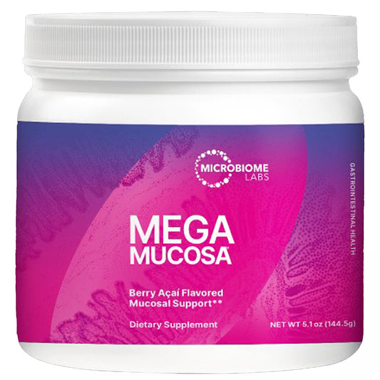 A white plastic jar of Microbiome Labs Mega Mucosa dietary supplement with a vibrant pink and purple label, shown on a plain white background.