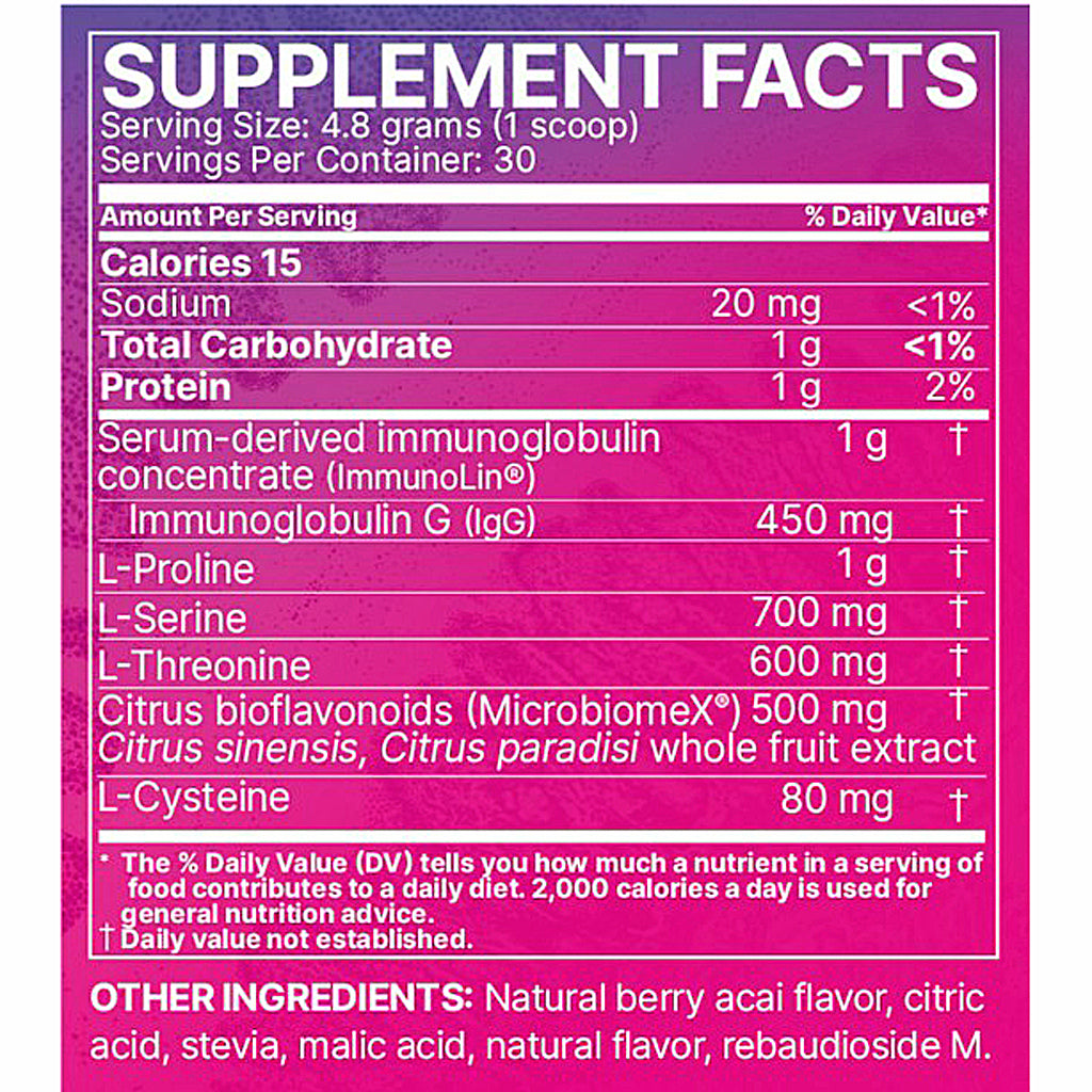 A close-up of a supplement facts label with a bright pink and purple gradient background. The label shows serving size 4.