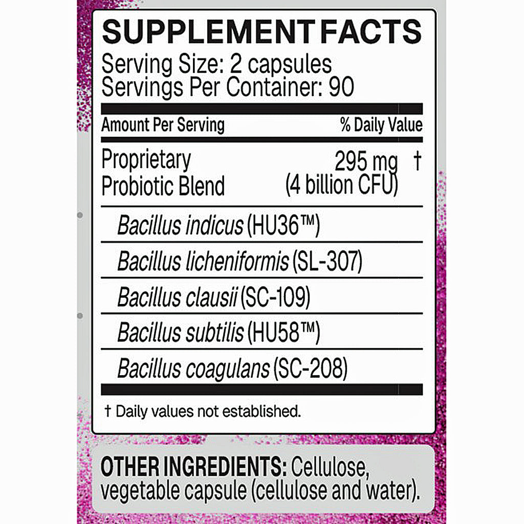 A close-up of a supplement facts label with a white background and black text, bordered by pink glittery edges. The label lists a probiotic blend with listed bacterial strains and other ingredients at the bottom.