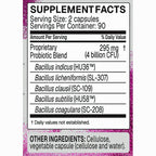 A close-up of a supplement facts label with a white background and black text, bordered by pink glittery edges. The label lists a probiotic blend with listed bacterial strains and other ingredients at the bottom.