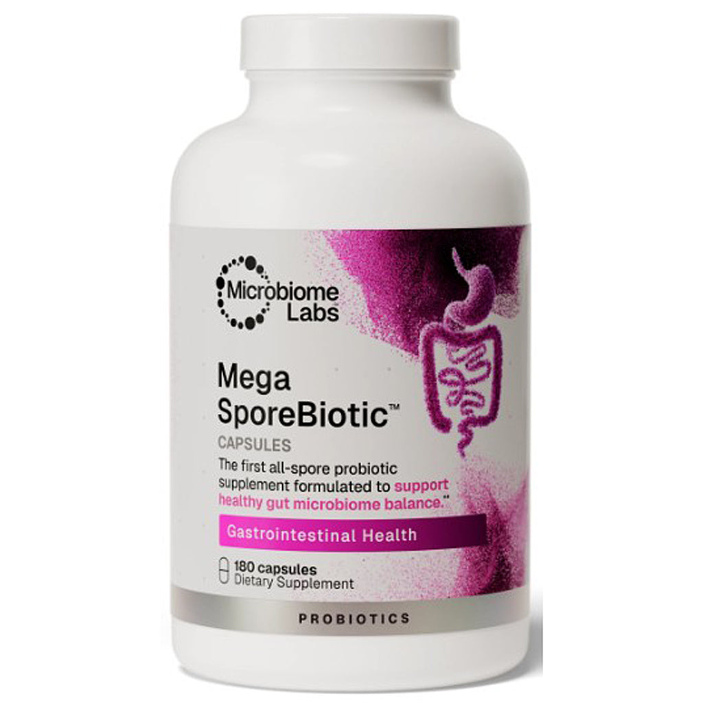 A white plastic bottle of Microbiome Labs Mega SporeBiotic dietary supplement capsules, featuring a white and magenta label with a graphic of a digestive system.