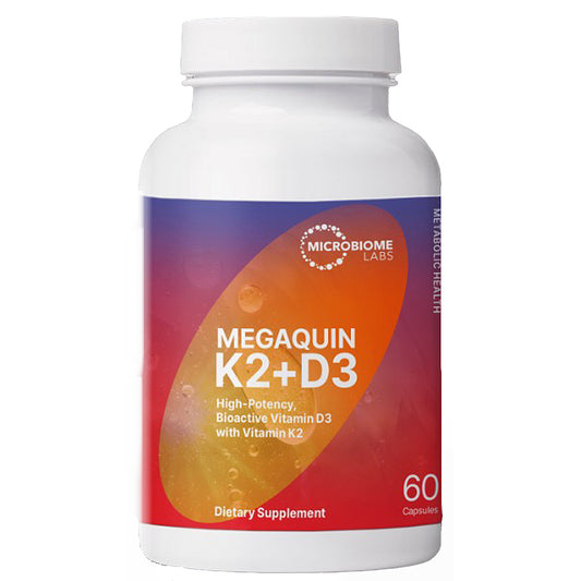 A white plastic bottle of Microbiome Labs Megaquin K2+D3 dietary supplement, featuring a vibrant label with a purple, orange, and red gradient design.