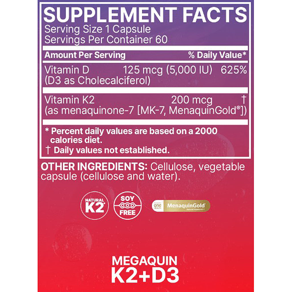 A supplement facts label for MEGAQUIN K2+D3, showing a purple-to-pink panel with serving size, vitamin D and K2 amounts, and ingredient notes including MenaqinGold and K2 certification icons.