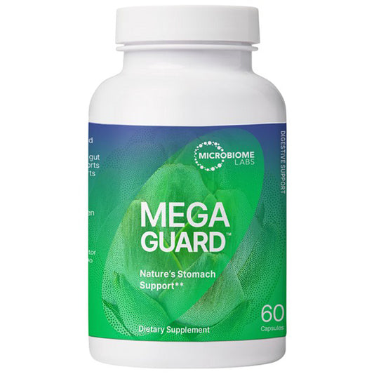 A white plastic bottle of Microbiome Labs Mega Guard dietary supplement, featuring a green and blue label with a leaf graphic and white text.