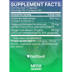 GutGard Mega Guard supplement facts label showing a green and blue panel with ingredient details and brand name.