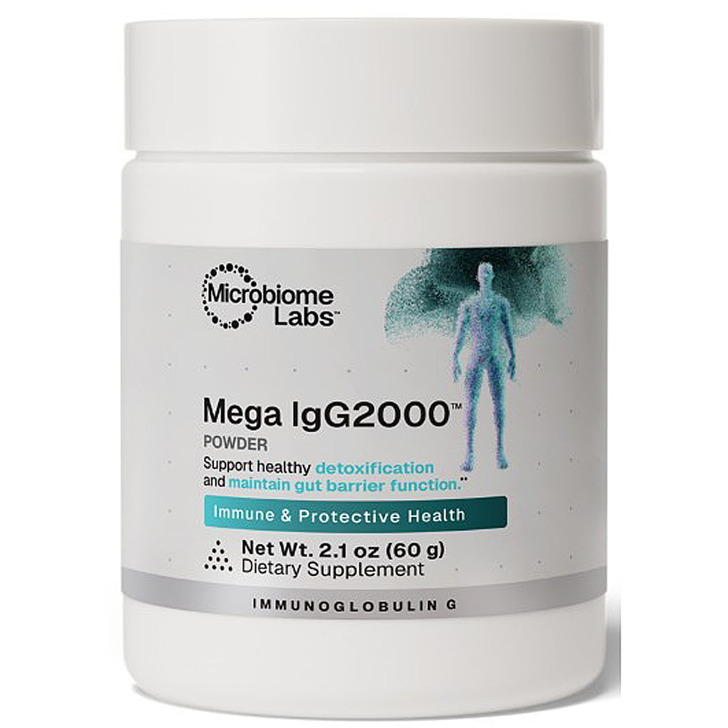 A white plastic bottle of Microbiome Labs Mega IgG2000 Powder dietary supplement on a clean white background.