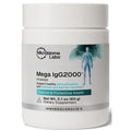 A white plastic bottle of Microbiome Labs Mega IgG2000 Powder dietary supplement on a clean white background.