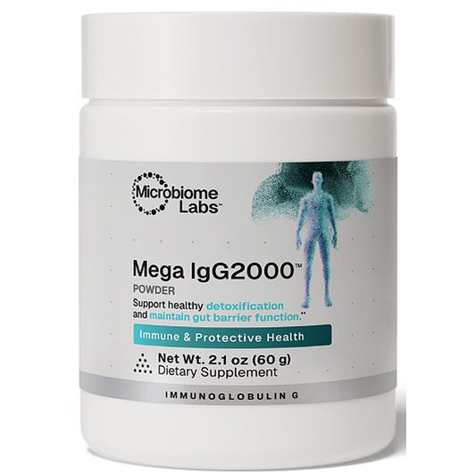 A white plastic bottle of Microbiome Labs Mega IgG2000 Powder dietary supplement on a clean white background.